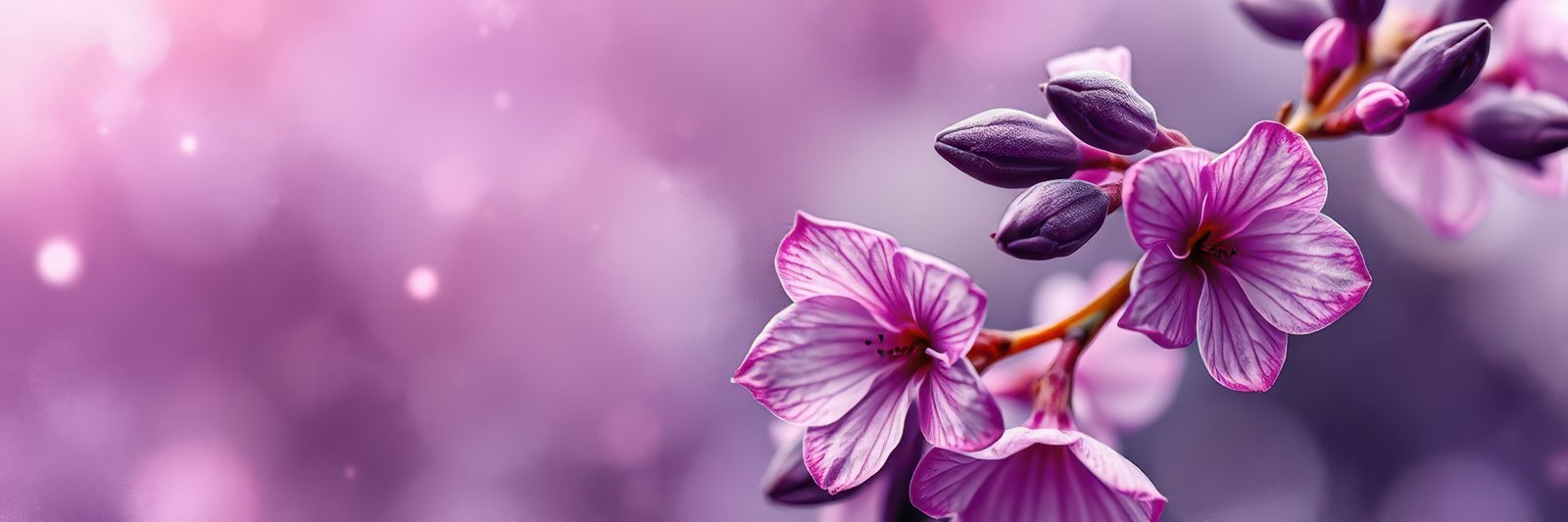 Delicate pink flowers bloom against a soft blurred purple background during springtime in a tranquil garden area